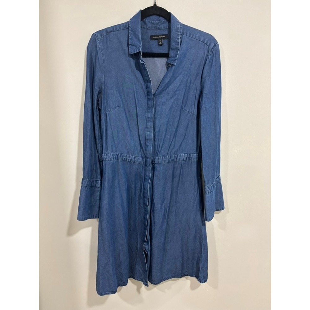Banana Republic Chambray Shirt Dress 8 Tall Blue Lyocell Collared Modest Classic